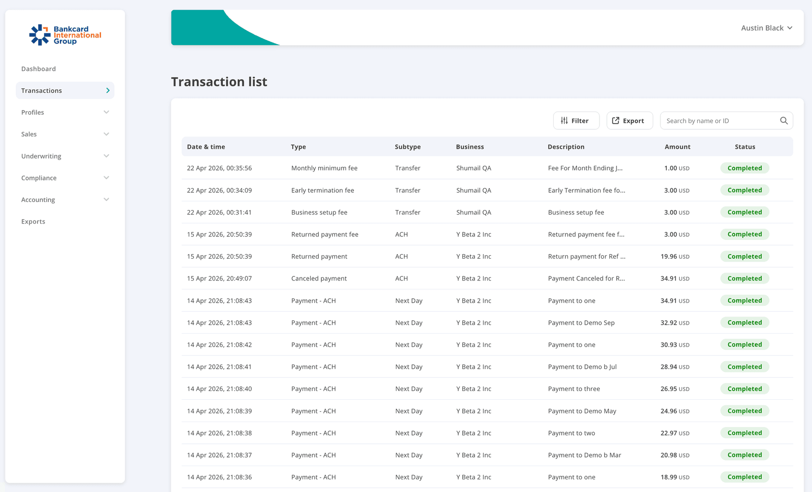BIG gateway transactions dashboard