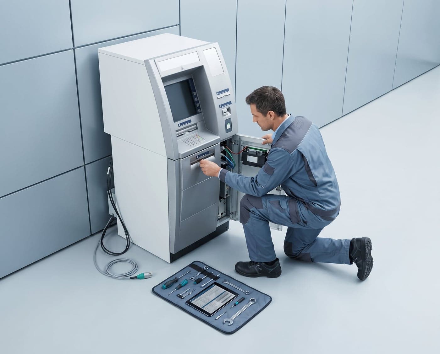 A technician servicing a retail ATM