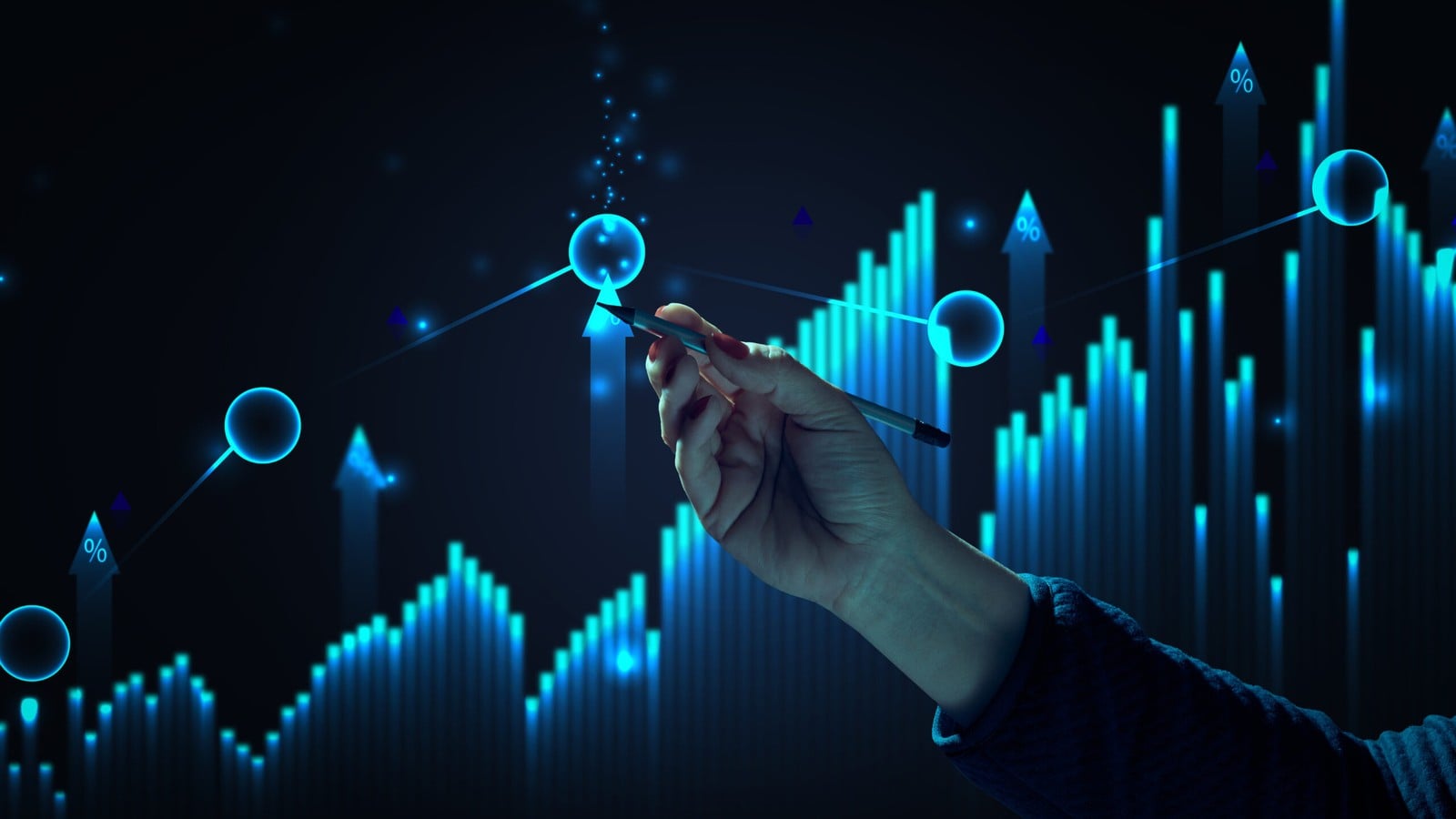 A holographic chart showing a rising growth indicator