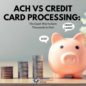 Piggy bank with coins stacked next it to represent the hidden savings of  ACH vs Credit Card Processing